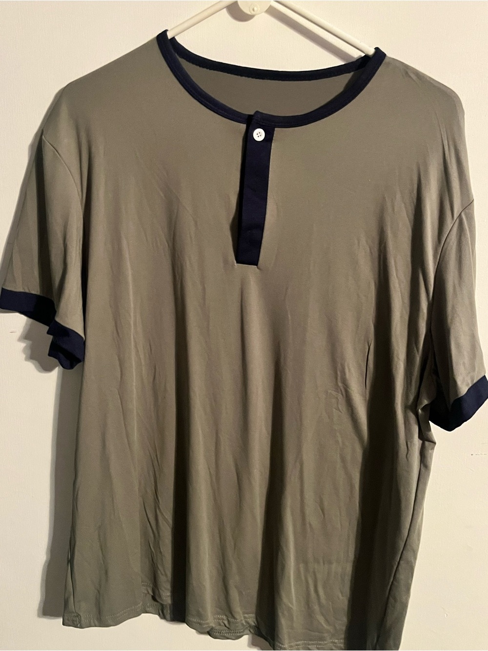 SHEIN Olive Short-Sleeve Henley with Navy Trim
